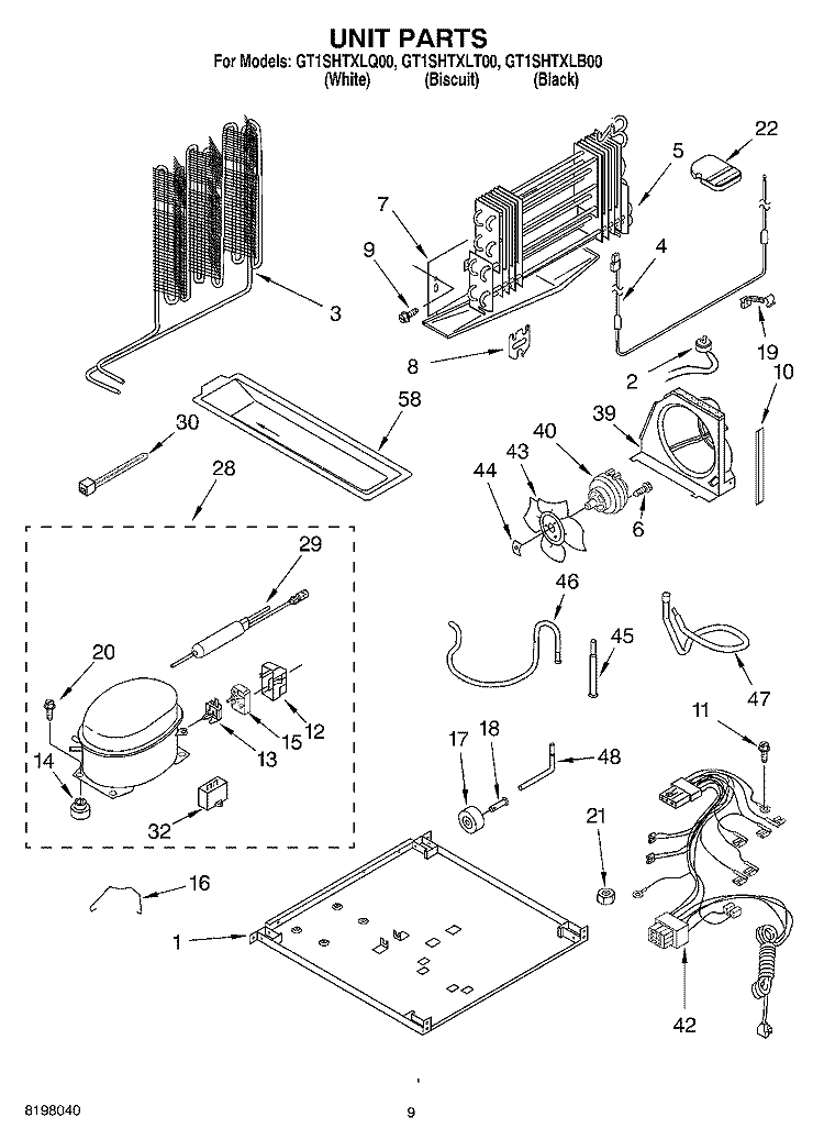 UNIT Diagram and Parts List for GT1SHTXLT00  Whirlpool Refrigerator