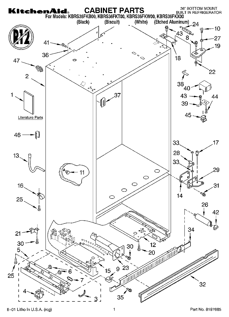CABINET, LITERATURE Diagram and Parts List for KBRS36FKB00  KitchenAid Refrigerator