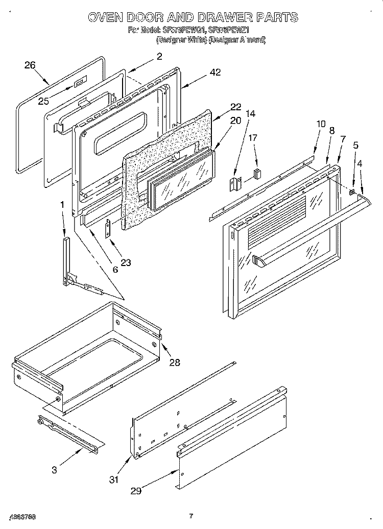 OVEN DOOR AND DRAWER Diagram and Parts List for SF378PEWZ1  Whirlpool Range
