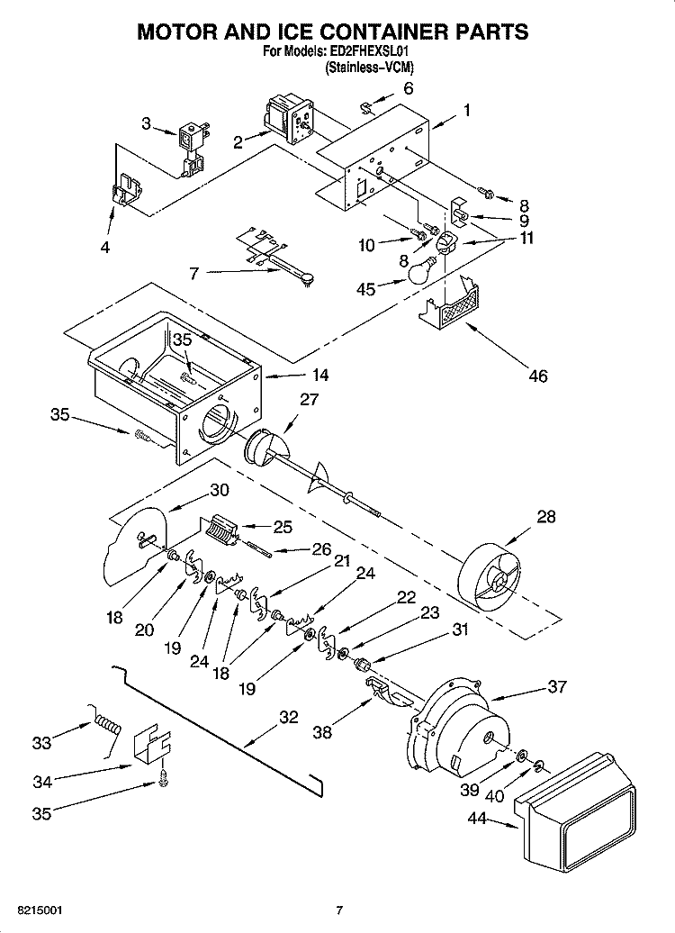 MOTOR AND ICE CONTAINER PARTS Diagram and Parts List for ED2FHEXSL01  Whirlpool Refrigerator