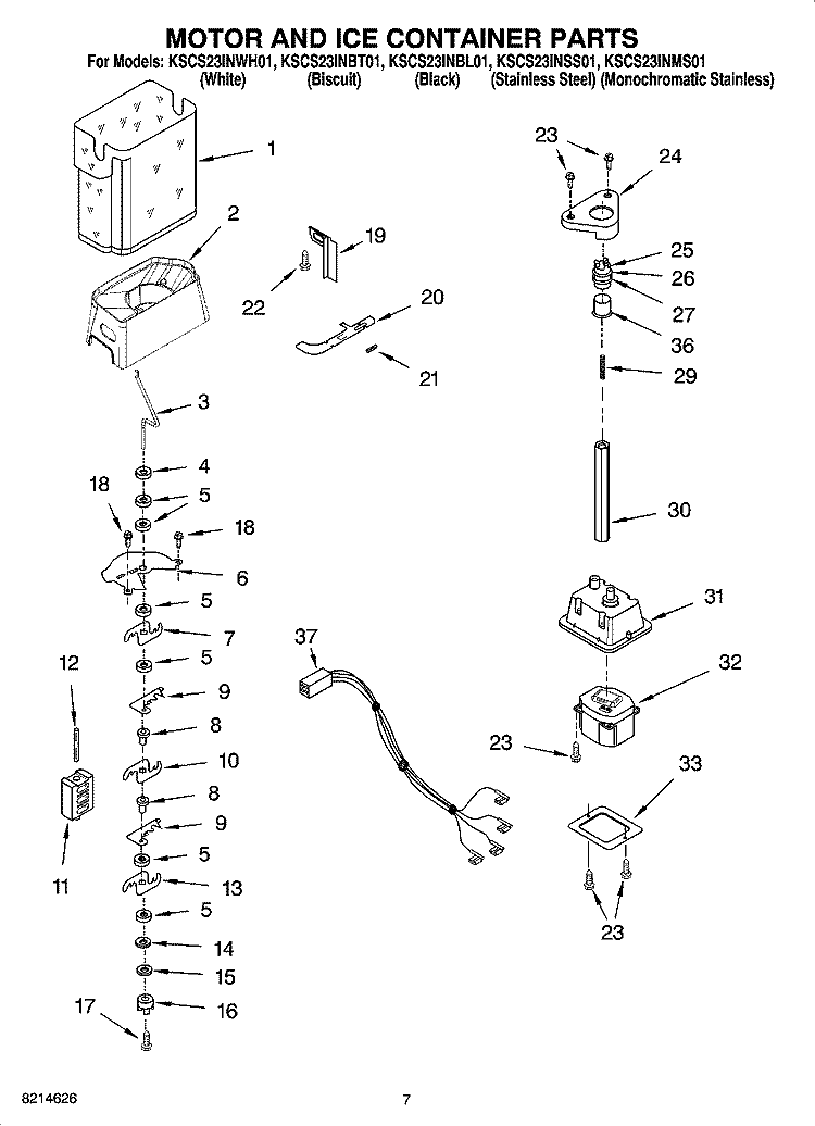 MOTOR AND ICE CONTAINER PARTS Diagram and Parts List for KSCS23INMS01  KitchenAid Refrigerator