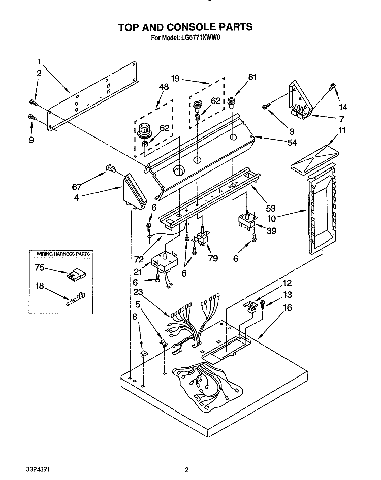 TOP AND CONSOLE, LIT/OPTIONAL Diagram and Parts List for LG5771XWN0  Whirlpool Dryer