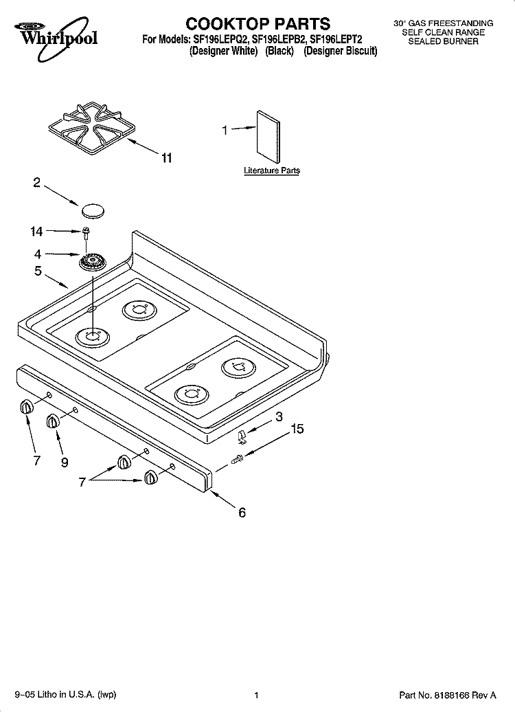 COOKTOP PARTS Diagram and Parts List for SF196LEPB2  Whirlpool Range