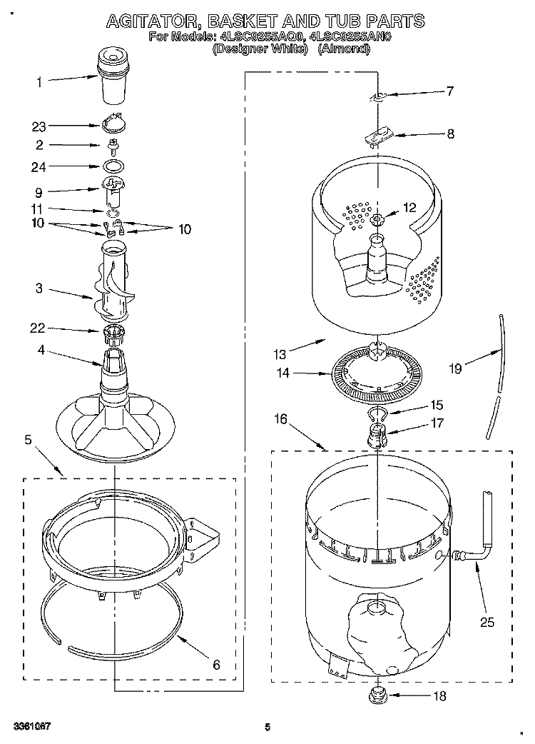 AGITATOR, BASKET AND TUB Diagram and Parts List for 4LSC9255AN0  Whirlpool Washer