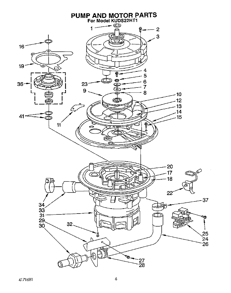 PUMP AND MOTOR Diagram and Parts List for KUDS22HT1  KitchenAid Dishwasher