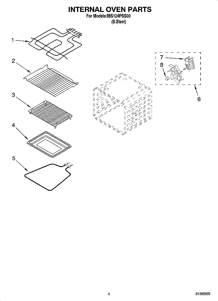 INTERNAL OVEN PARTS Diagram and Parts List for IBS124PSS00  Whirlpool Wall Oven