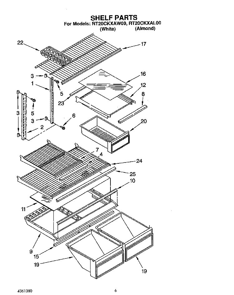 SHELF Diagram and Parts List for RT20CKXAW00  Roper Refrigerator
