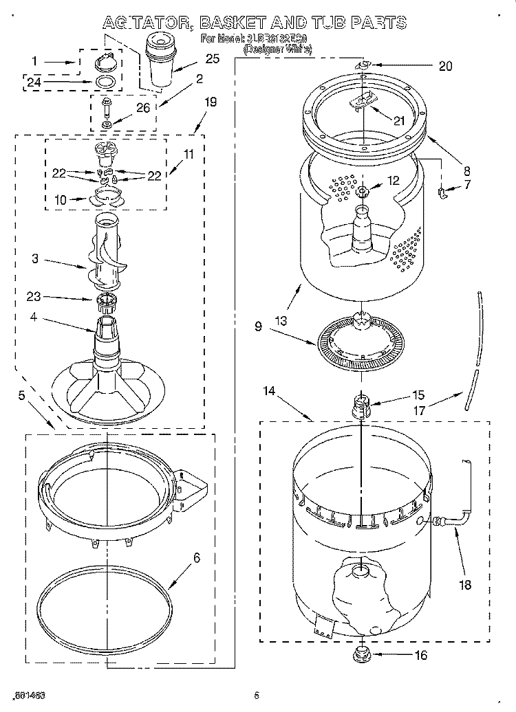 AGITATOR, BASKET, AND TUB Diagram and Parts List for 3LBR6132EQ0  Whirlpool Washer