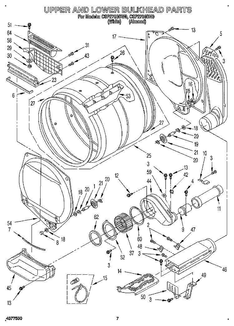 UPPER AND LOWER BULKHEAD Diagram and Parts List for CSP2790BN0  Whirlpool Dryer
