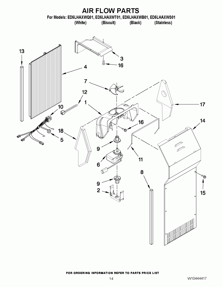 AIR FLOW PARTS Diagram and Parts List for ED5LHAXWT01  Whirlpool Refrigerator