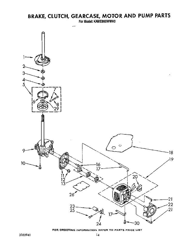 BRAKE, CLUTCH, GEARCASE, MOTOR AND PUMP Diagram and Parts List for KAWE960WAL0  Whirlpool Washer