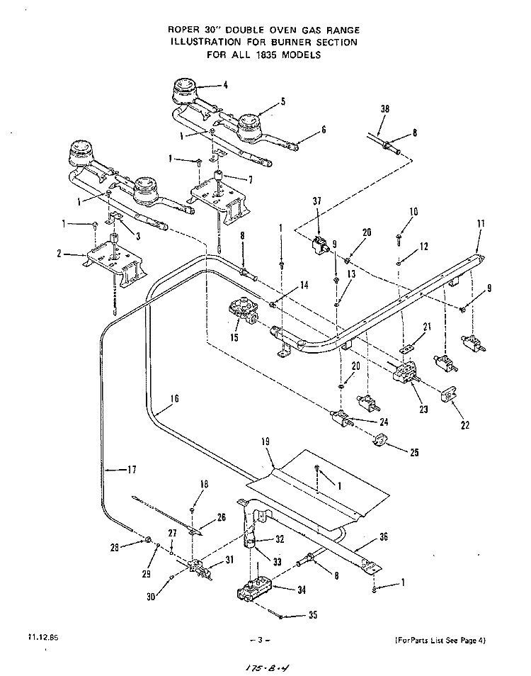 BURNER Diagram and Parts List for 1835W1A  Roper Range
