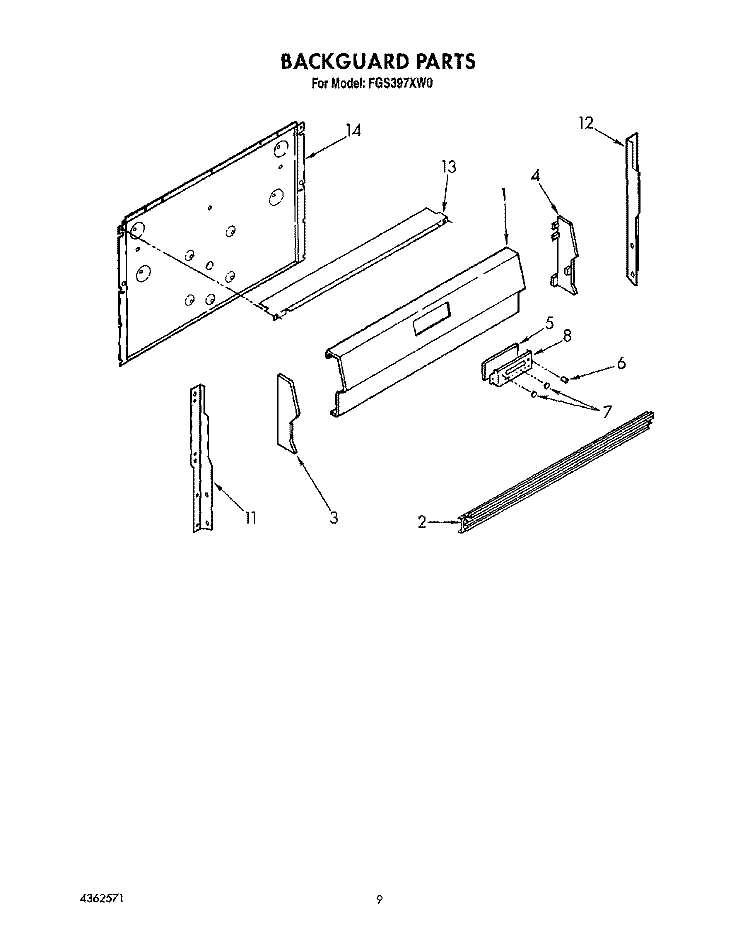BACKGUARD, LITERATURE Diagram and Parts List for FGS397XW0  Roper Range