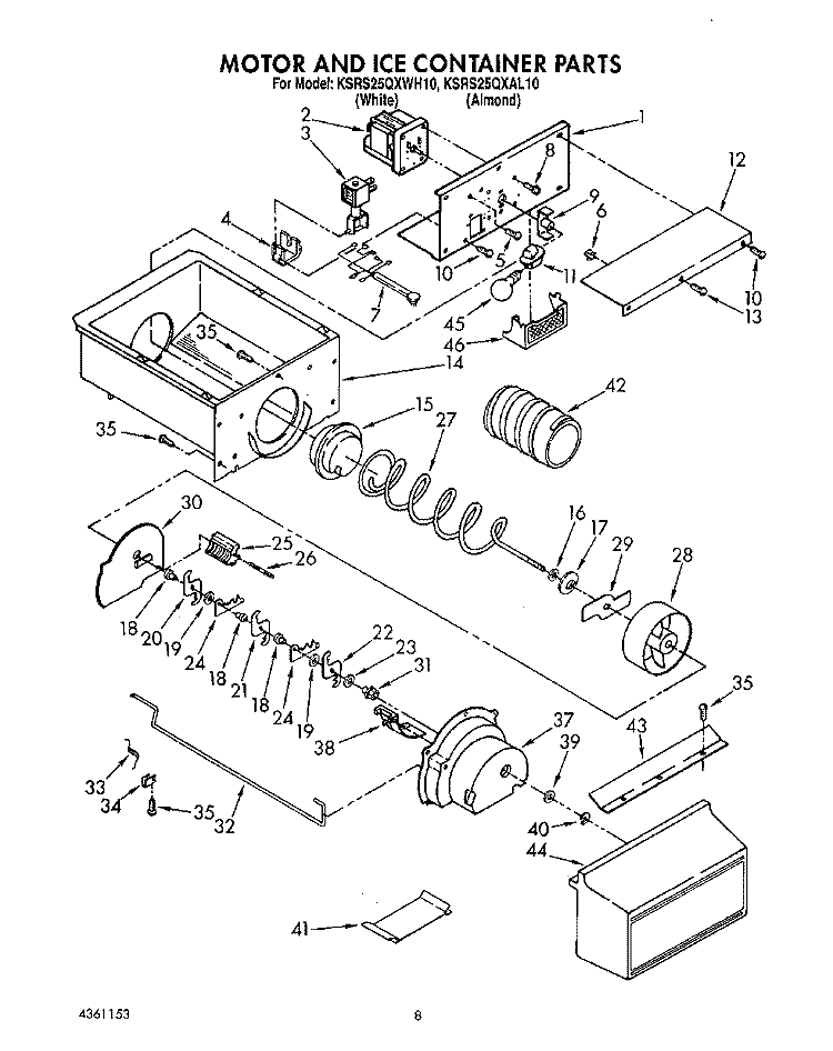 MOTOR AND ICE CONTAINER, LIT/OPTIONAL Diagram and Parts List for KSRS25QXAL10  KitchenAid Refrigerator