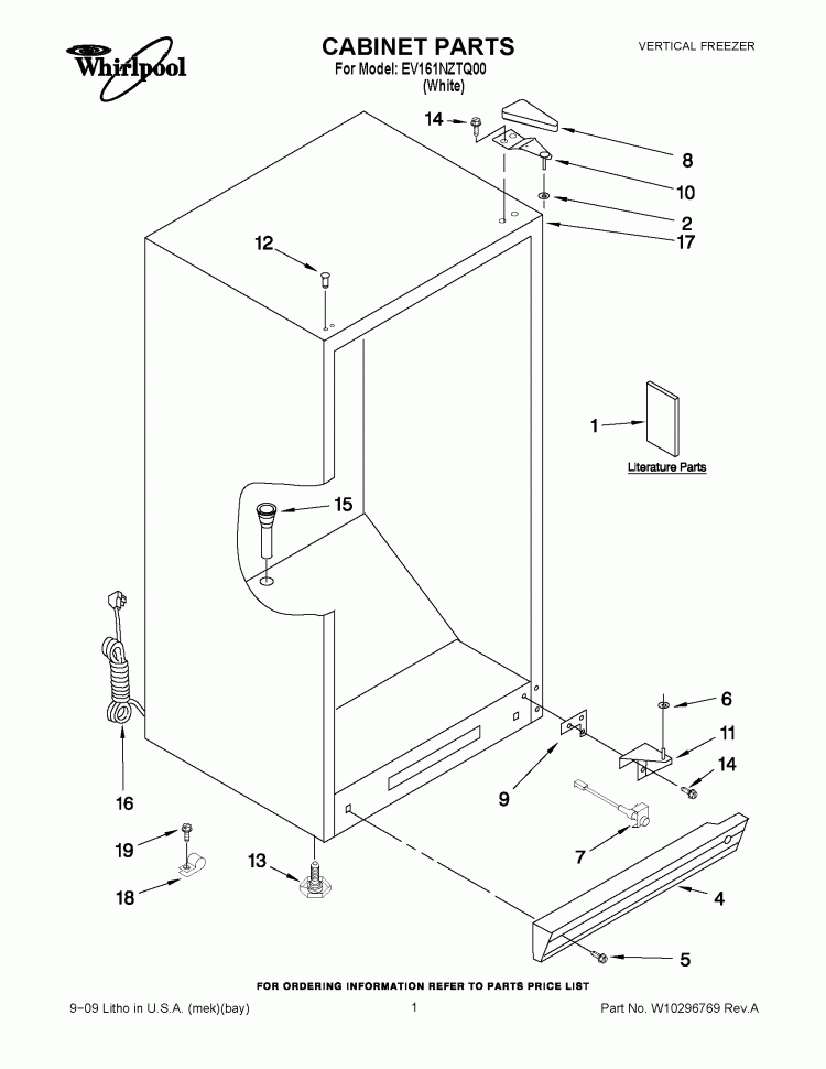 CABINET PARTS Diagram and Parts List for EV161NZTQ00  Whirlpool Freezer
