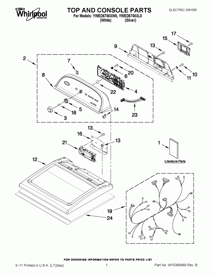 TOP AND CONSOLE PARTS Diagram and Parts List for YWED5700XL0  Whirlpool Dryer
