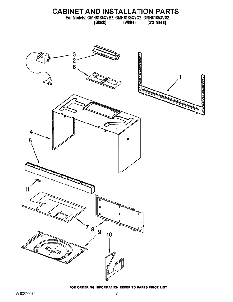 CABINET AND INSTALLATION PARTS Diagram and Parts List for GMH6185XVB2  Whirlpool Microwave