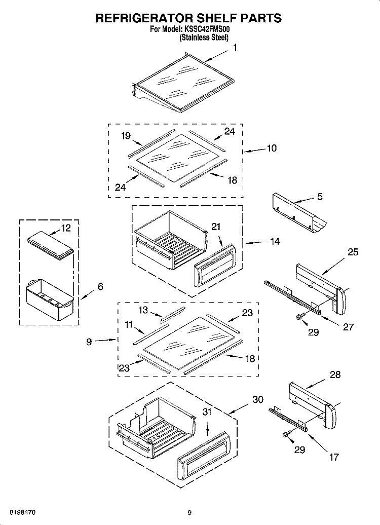REFRIGERATOR SHELF PARTS Diagram and Parts List for KSSC42FMS00  KitchenAid Refrigerator