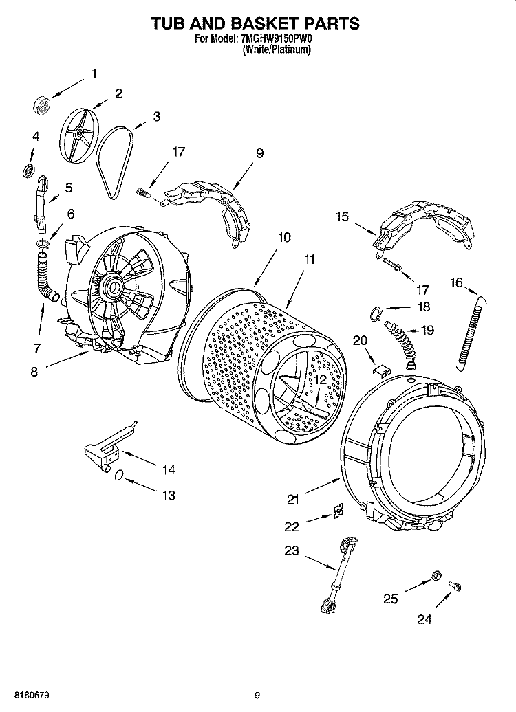 TUB AND BASKET PARTS Diagram and Parts List for 7MGHW9150PW0  Whirlpool Washer