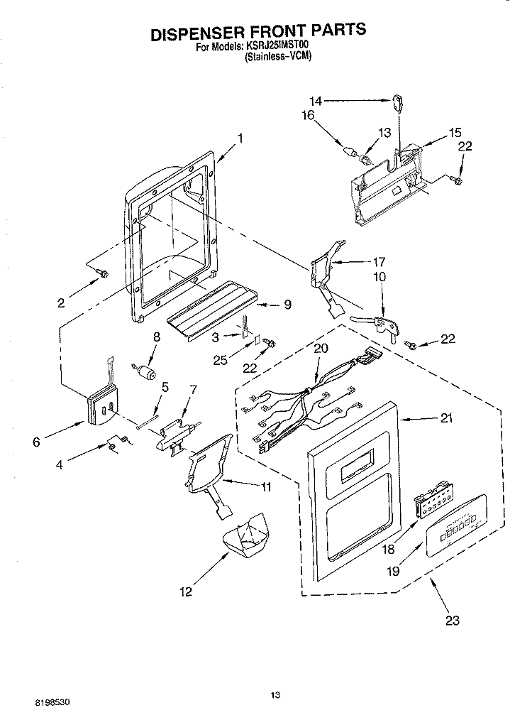 DISPENSER FRONT PARTS Diagram and Parts List for KSRJ25IMST00  KitchenAid Refrigerator