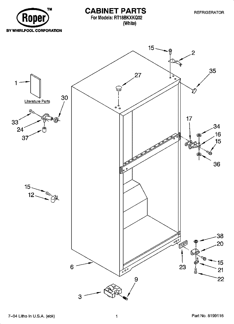 CABINET PARTS Diagram and Parts List for RT18BKXKQ02  Roper Refrigerator