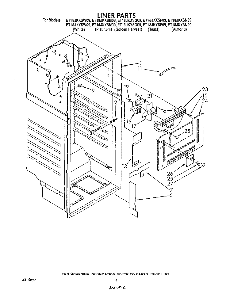 LINER Diagram and Parts List for ET18JKYSF09  Whirlpool Refrigerator
