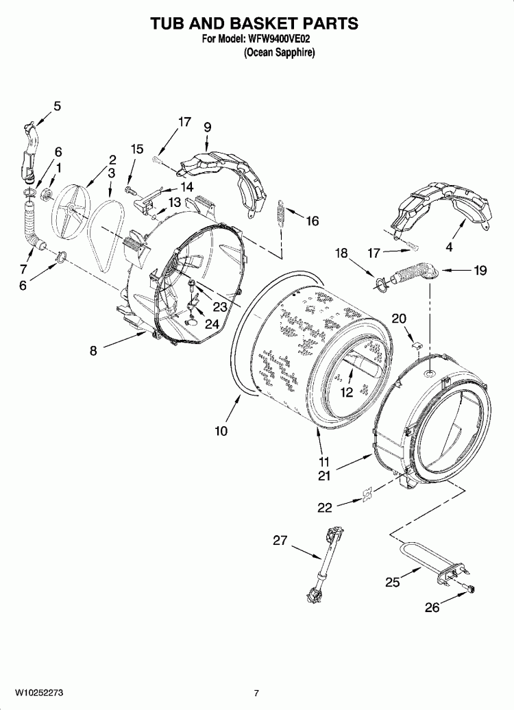 TUB AND BASKET PARTS Diagram and Parts List for WFW9400VE02  Whirlpool Washer