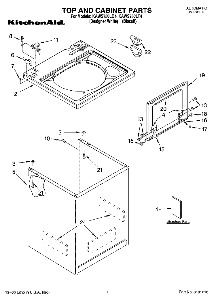 TOP AND CABINET PARTS Diagram and Parts List for KAWS750LT4  KitchenAid Washer