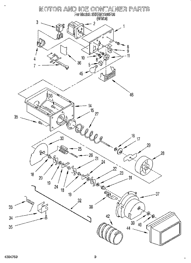 MOTOR AND ICE CONTAINER Diagram and Parts List for 3XKGN7050F00  Whirlpool Refrigerator