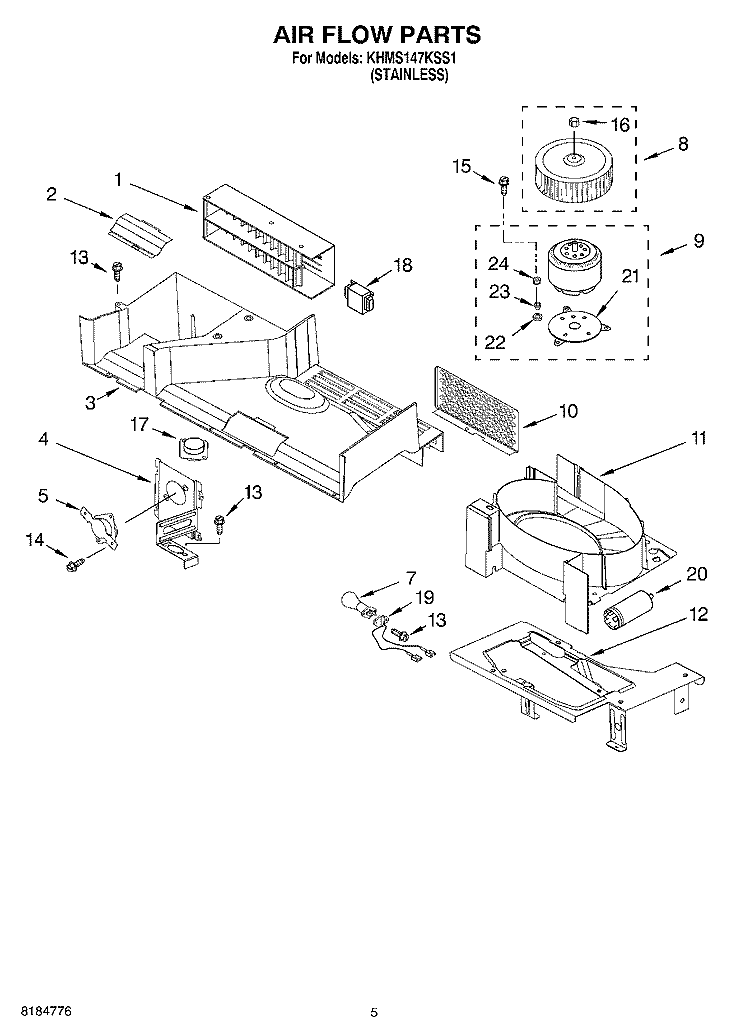 AIR FLOW Diagram and Parts List for KHMS147KSS1  KitchenAid Microwave
