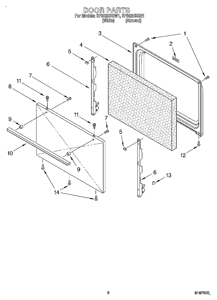 DOOR, OPTIONAL Diagram and Parts List for SF3020SGN1  Whirlpool Range