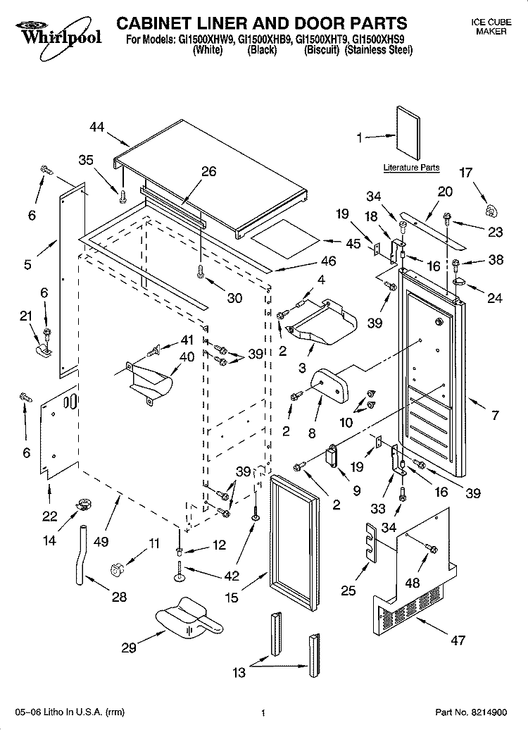 CABINET LINER AND DOOR PARTS Diagram and Parts List for GI1500XHB9  Whirlpool Ice Maker