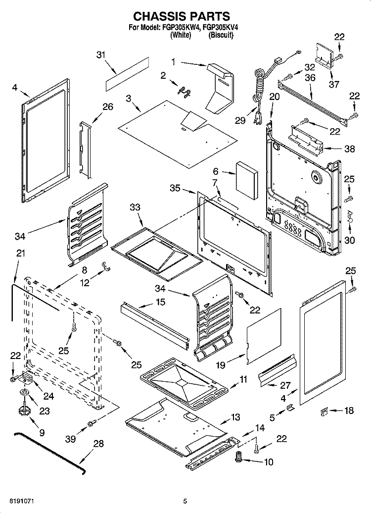 CHASSIS PARTS Diagram and Parts List for FGP305KV4  Roper Range