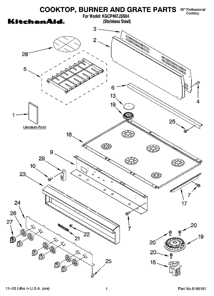 COOKTOP, BURNER AND GRATE PARTS Diagram and Parts List for KGCP467JSS04  KitchenAid Cooktop