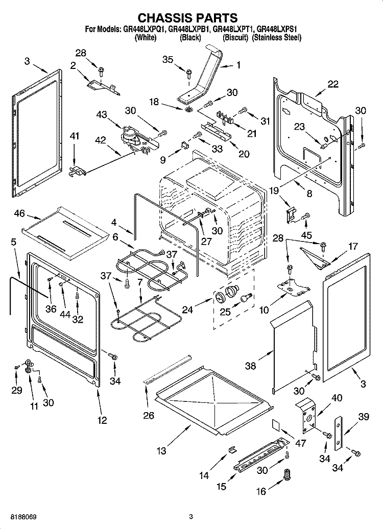 CHASSIS PARTS Diagram and Parts List for GR448LXPS1  Whirlpool Range