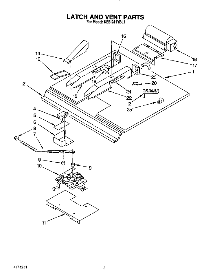 LATCH AND VENT Diagram and Parts List for KEBI241YBL1  KitchenAid Wall Oven