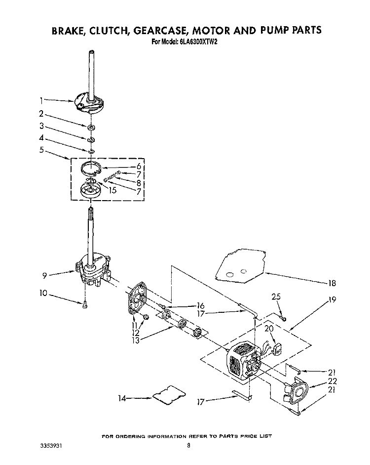 BRAKE, CLUTCH, GEARCASE, MOTOR AND PUMP Diagram and Parts List for 6LA6300XTW2  Whirlpool Washer