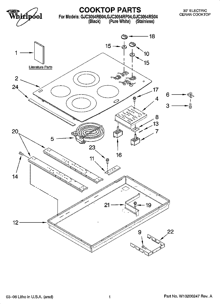 COOKTOP PARTS, OPTIONAL PARTS Diagram and Parts List for GJC3054RB04  Whirlpool Cooktop