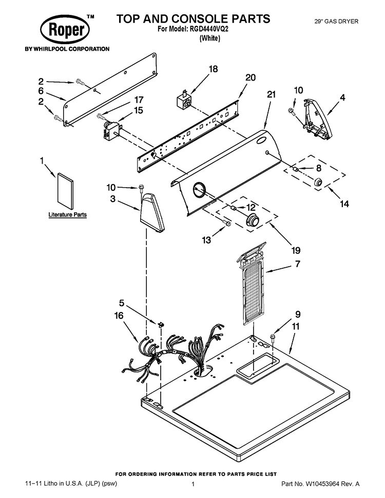 TOP AND CONSOLE PARTS Diagram and Parts List for RGD4440VQ2  Roper Dryer