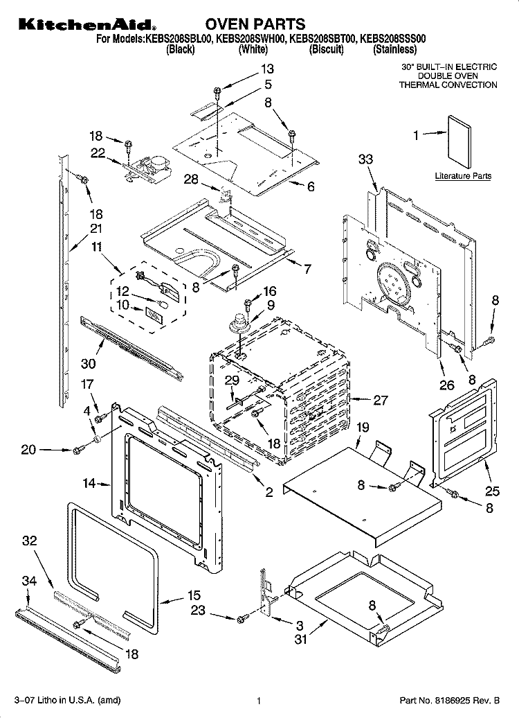 OVEN PARTS Diagram and Parts List for KEBS208SBT00  KitchenAid Wall Oven