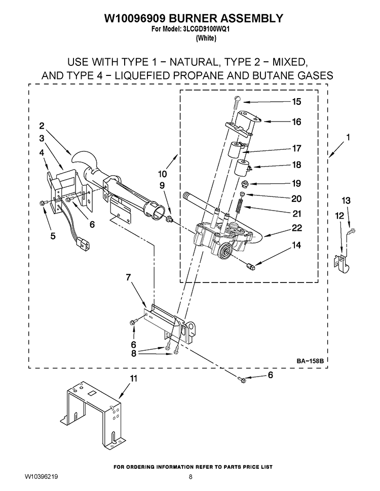 W10096909 BURNER ASSEMBLY Diagram and Parts List for 3LCGD9100WQ1  Whirlpool Dryer