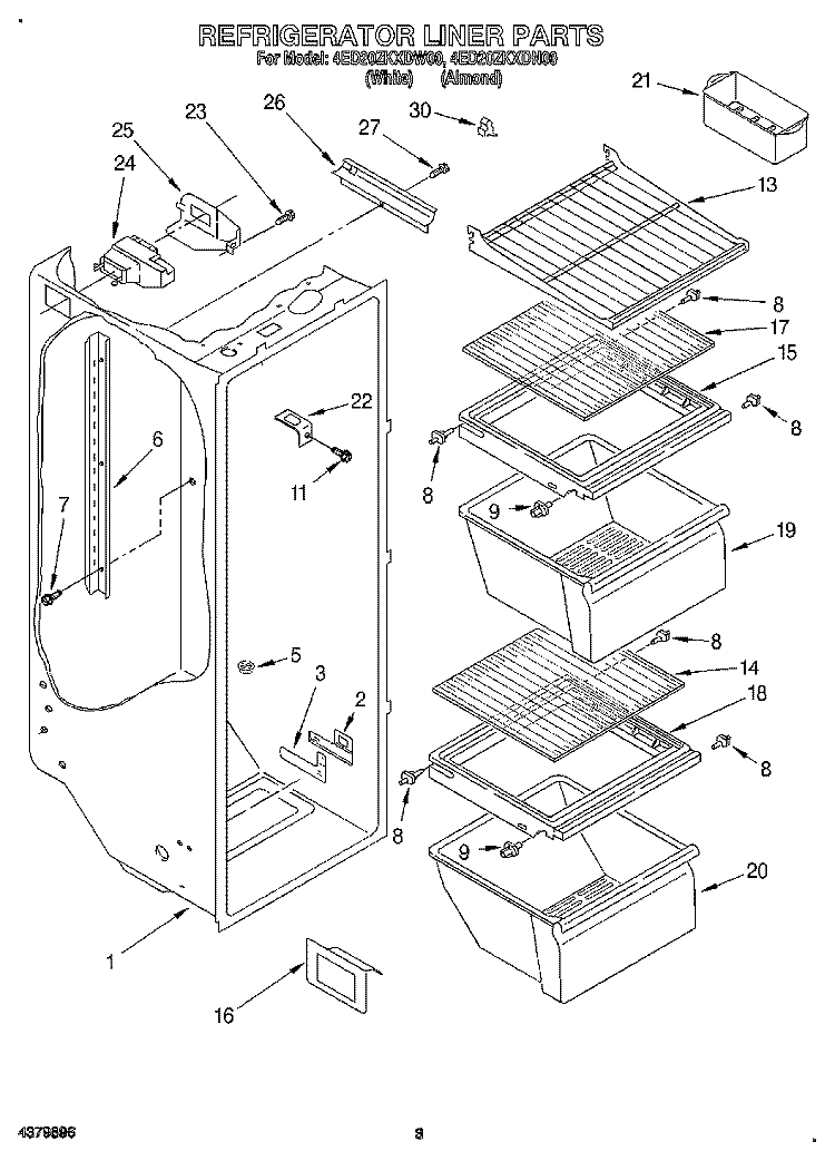 REFRIGERATOR LINER Diagram and Parts List for 4ED20ZKXDN00  Whirlpool Refrigerator