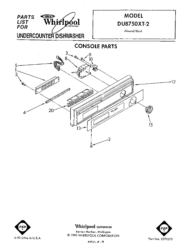 CONSOLE Diagram and Parts List for DU8750XT2  Whirlpool Dishwasher