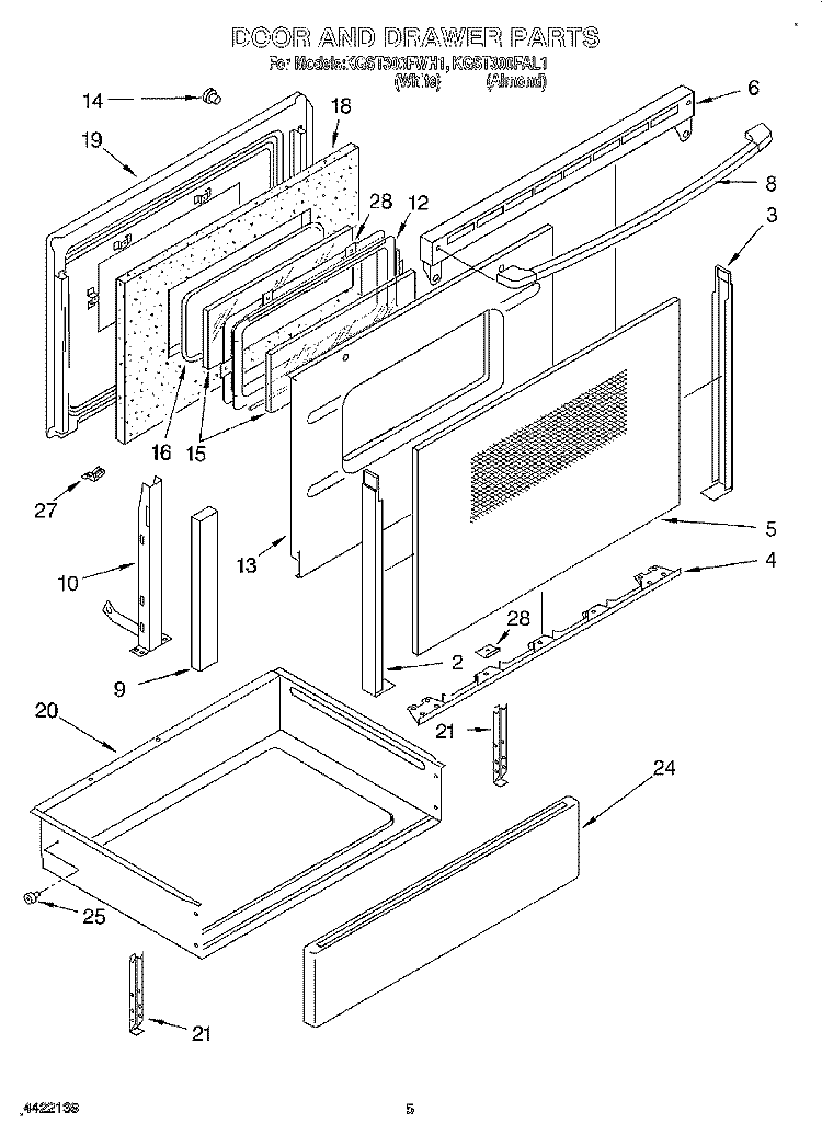 DOOR AND DRAWER Diagram and Parts List for KGST300FAL1  KitchenAid Range