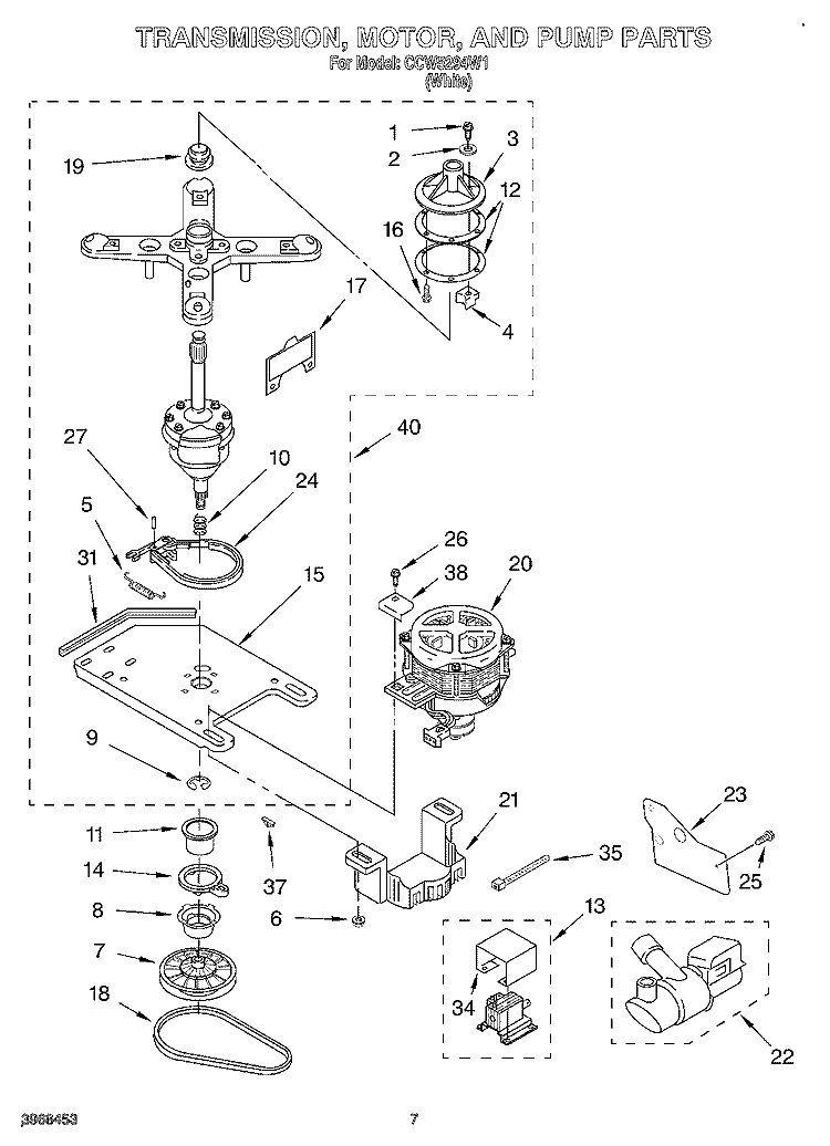 TRANSMISSION, MOTOR AND PUMP Diagram and Parts List for CCW5294W1  Whirlpool Washer
