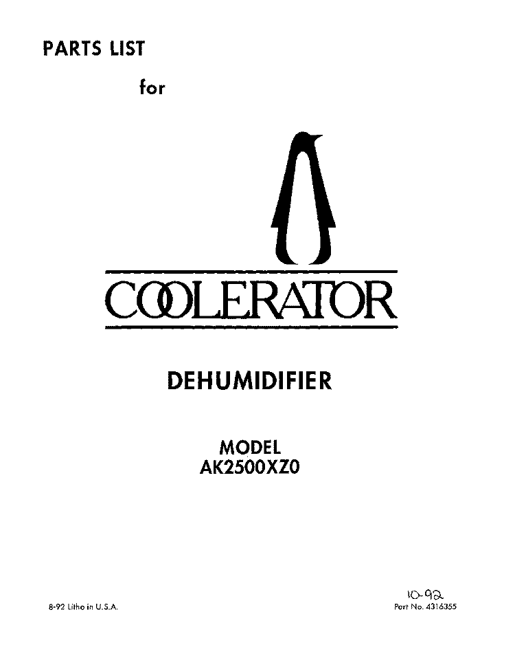 SECTION Diagram and Parts List for AK2500XZ0  Whirlpool Dehumidifier