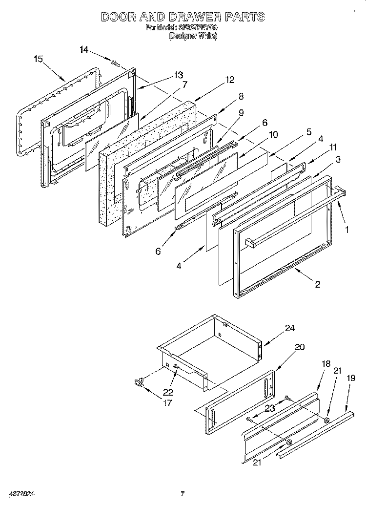 DOOR AND DRAWER Diagram and Parts List for SF367PEYQ9  Whirlpool Range