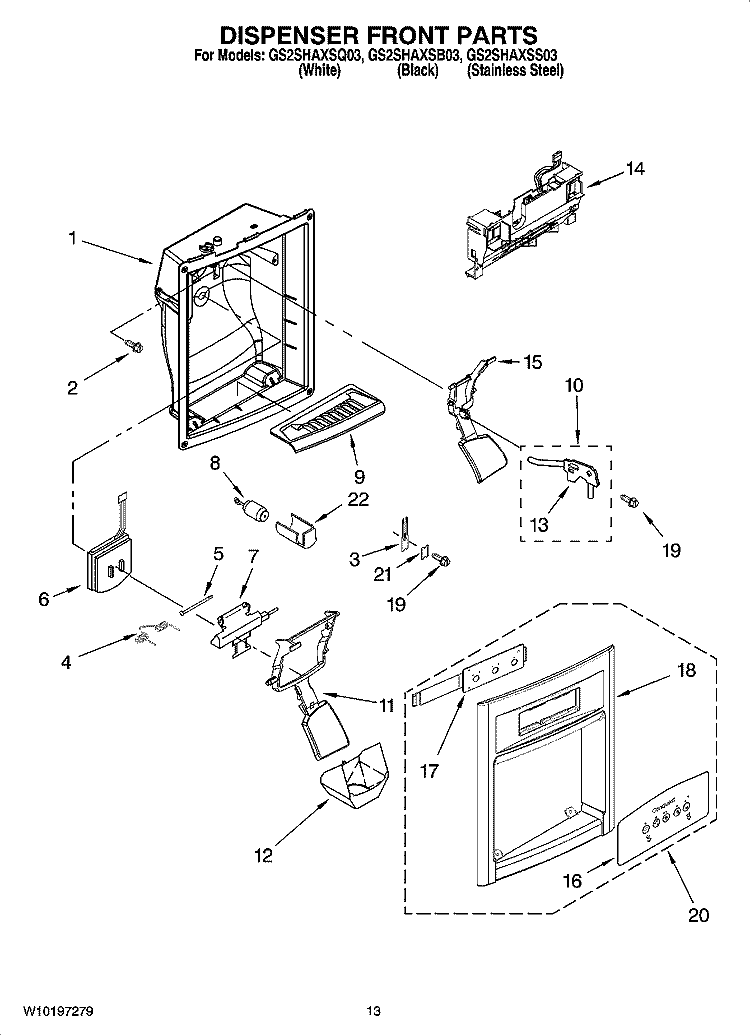 DISPENSER FRONT PARTS Diagram and Parts List for GS2SHAXSS03  Whirlpool Refrigerator