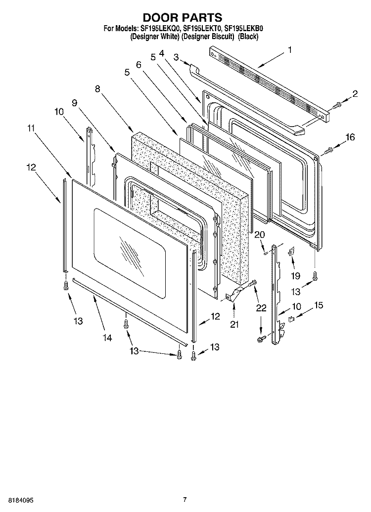 DOOR Diagram and Parts List for SF195LEKT0  Whirlpool Range