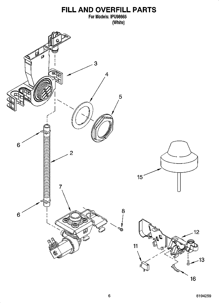 FILL AND OVERFILL PARTS Diagram and Parts List for IPU98665  Inglis Dishwasher